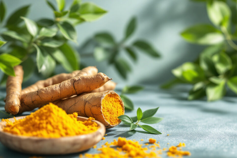 Close-up of a golden turmeric root with a blurred background showing both traditional elements like ancient scrolls and modern elements like scientific beakers, emphasizing natural health and research.