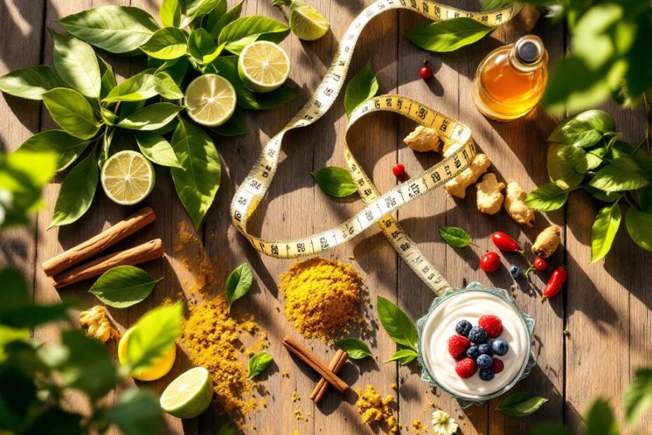 A person holding various natural ingredients like green tea leaves, turmeric root, and cinnamon sticks, symbolizing holistic weight management and natural health.
