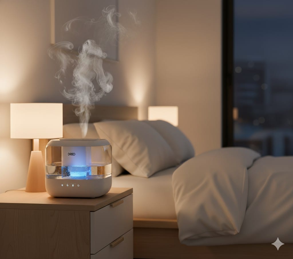 Bedroom scene at night with a small cool-mist humidifier emitting soft vapor near a bed with white bedding and soft lamp glow, minimalist style. Consider the inclusion of the product in the screenshot.