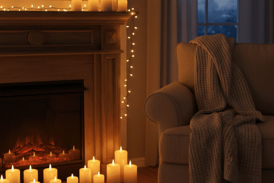 Cozy living room with flameless LED candles and warm white string lights for fall evenings