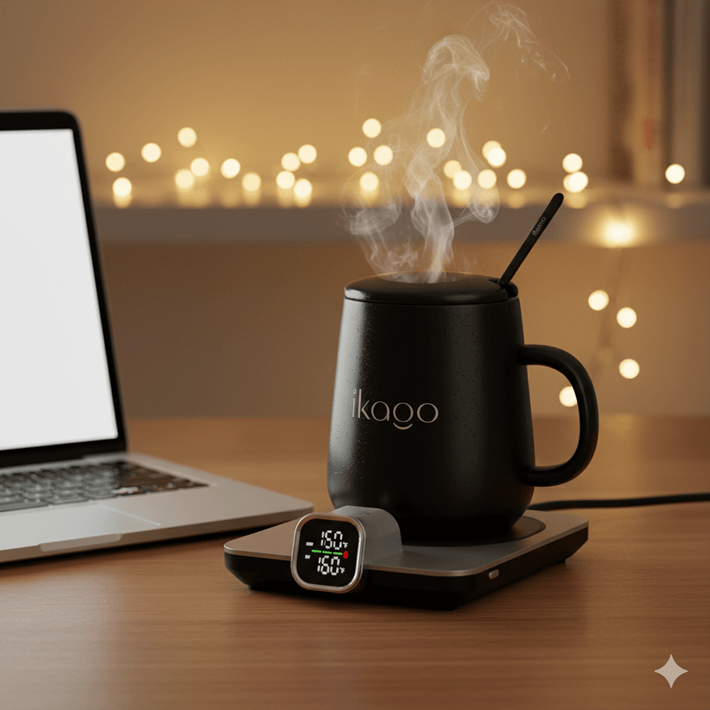 Steaming mug on an electric mug warmer next to a laptop with fairy lights, cozy evening.