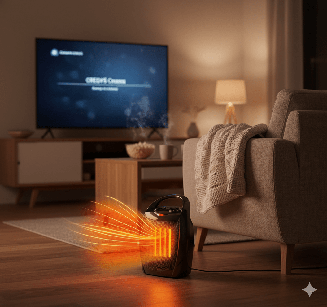 Cozy living room scene during a movie night: a small ceramic space heater on the floor beside a couch, soft blanket, and TV glow in the background. Warm ambient light, safe distance from furniture, realistic detail. Consider the inclusion of the product in the screenshot.