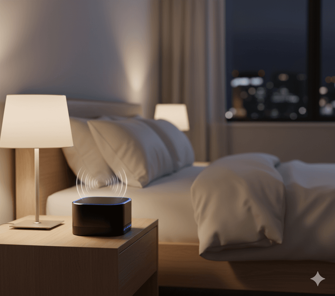 A compact white-noise machine creating a calm sleep environment with soft, warm lighting.