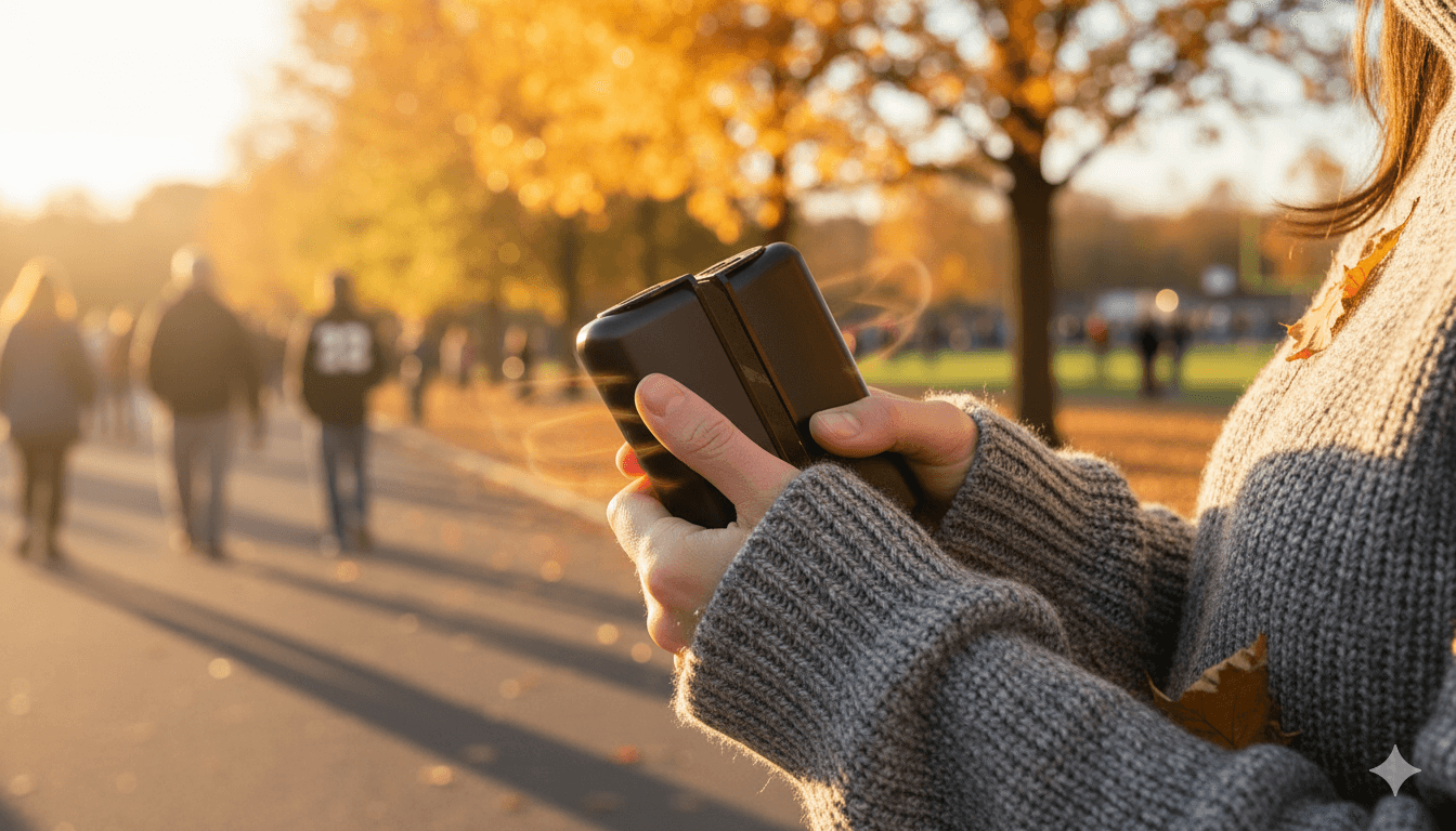 Hands holding a rechargeable hand warmer during an outdoor football game or fall walk, wearing gloves or sweater sleeves, golden-hour light. Consider the inclusion of the product in the screenshot.