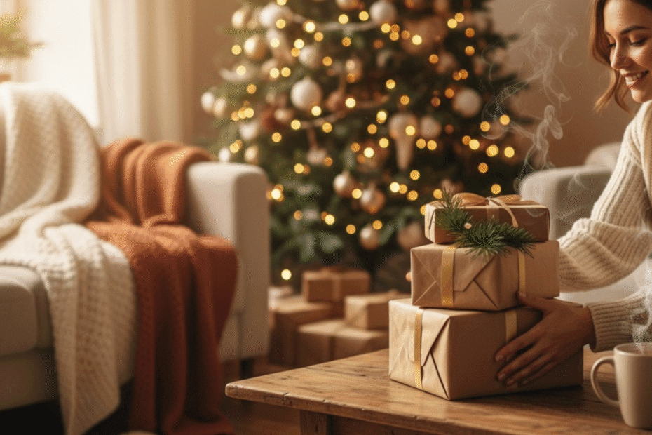 Woman in cozy sweater arranging beautifully wrapped Christmas gifts on a wooden table with twinkle lights in the background.