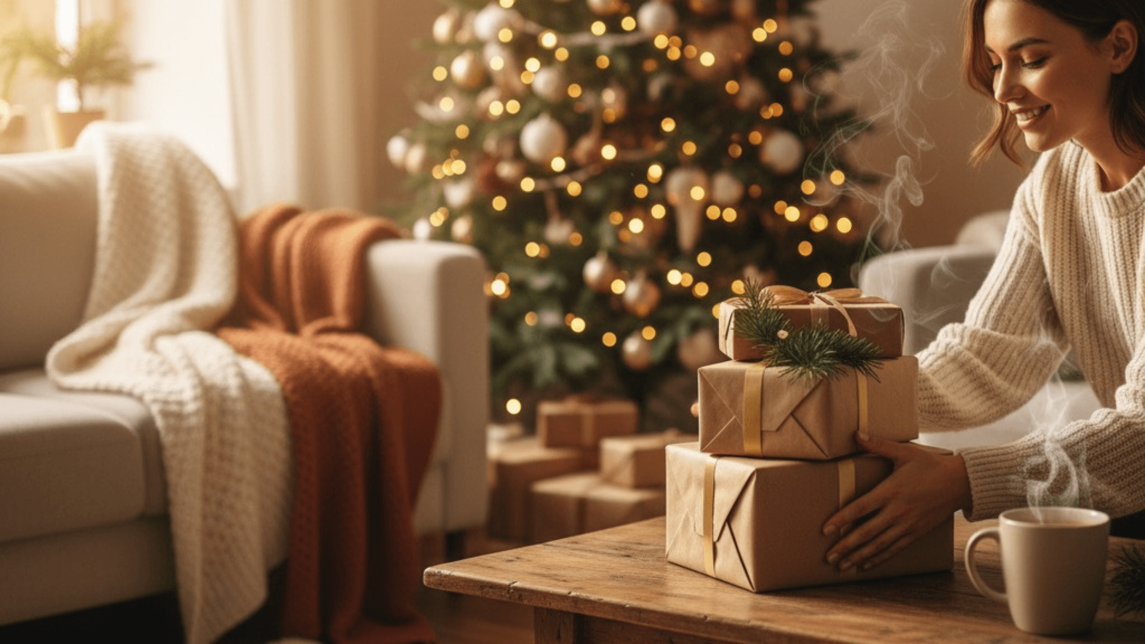 The joy of gifting begins with the care you put into each wrap — soft textures, warm tones, and a sprinkle of Christmas charm.