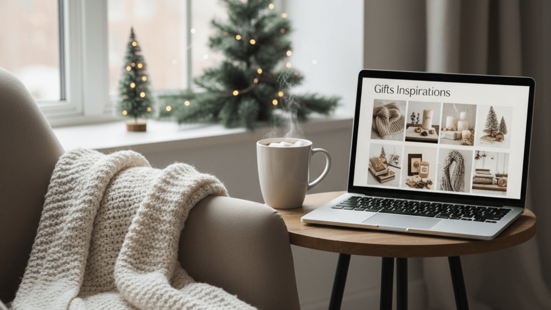 Peaceful winter morning scene with a cup of cocoa, open laptop showing gift ideas, and subtle holiday décor near a bright window.