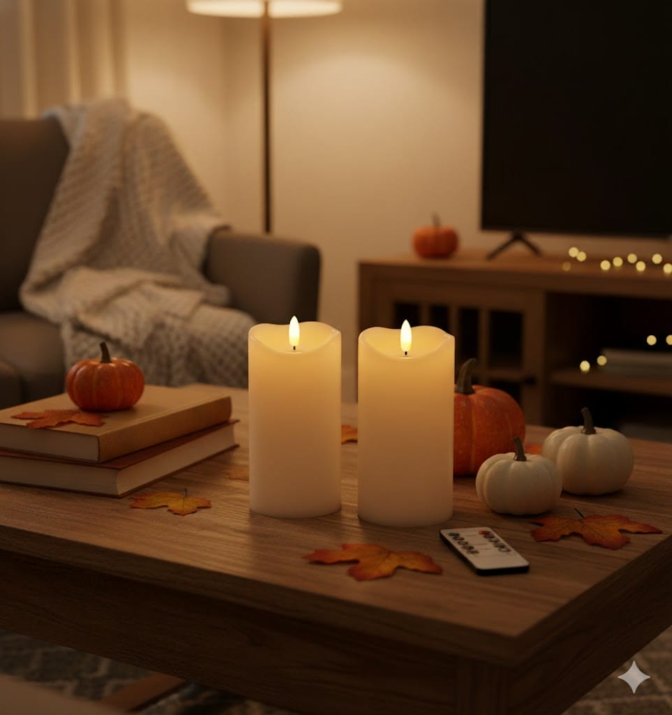 LED flameless candles, pumpkins, and books on a coffee table in a warm, cozy fall living room.