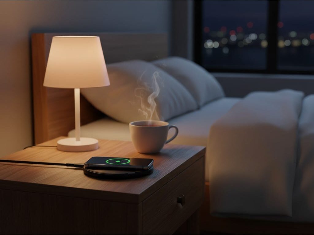 A minimalist wireless charging pad — perfect for your cozy bedside setup.