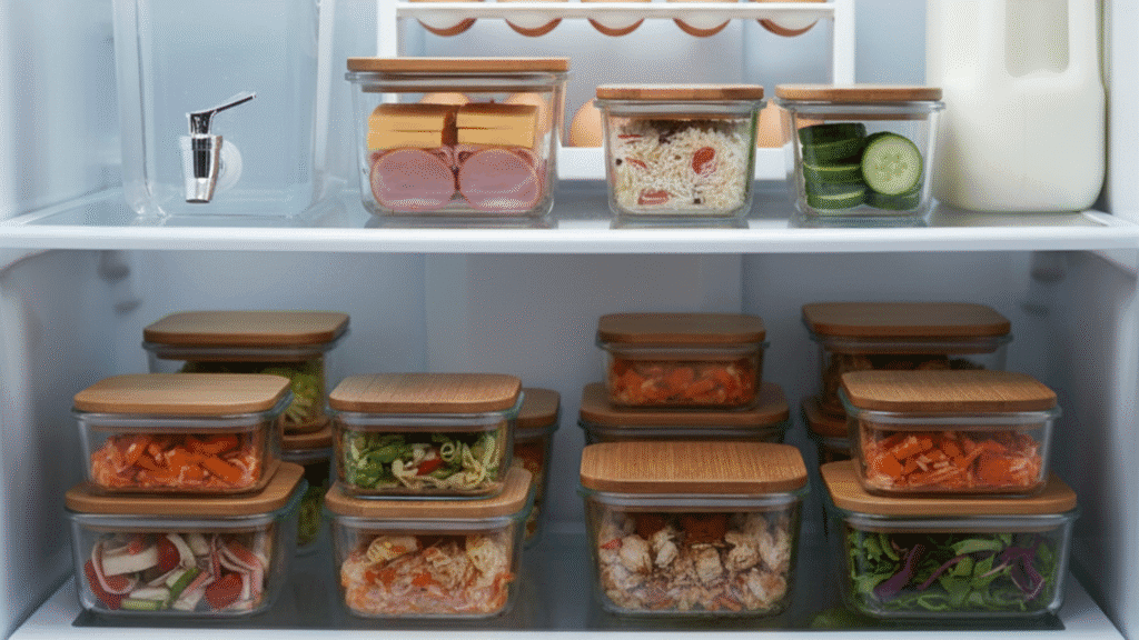 glass meal prep containers stacked in small fridge
