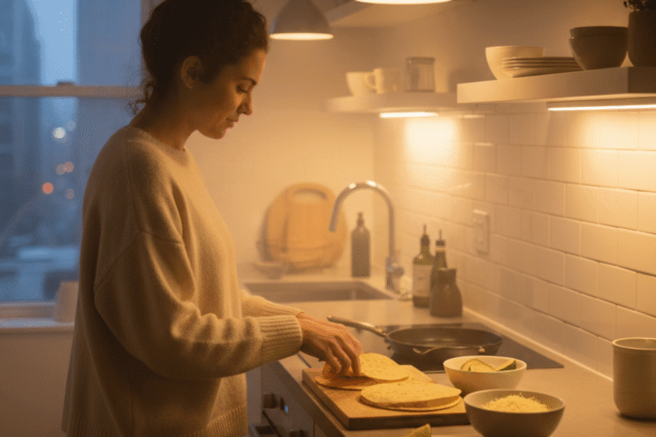 woman preparing quick dinner in small modern kitchen